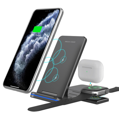 Smart Watch patent foldable charging stand up 3 in 1 wireless charger for Apple and Android smart devices. Qi, CE, FCC certificated.